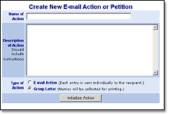 Create new e-mail action or petition